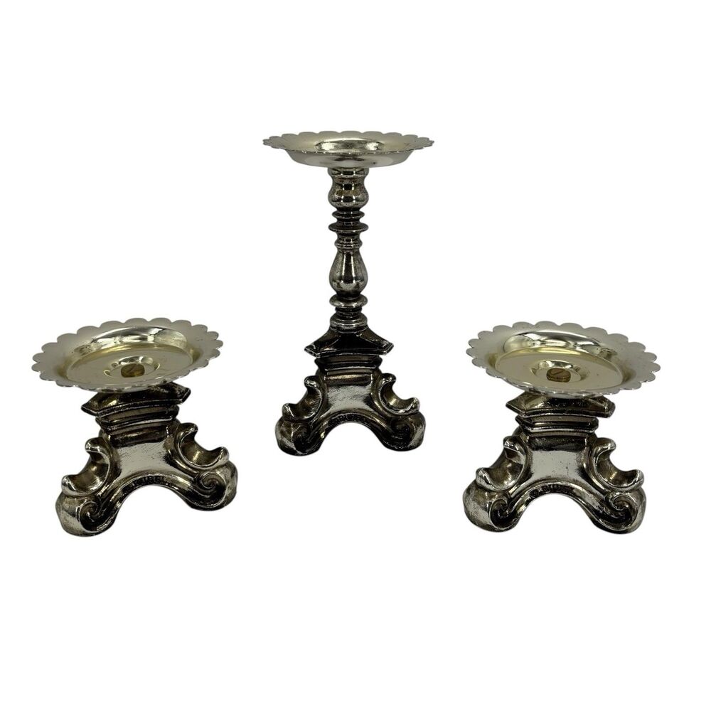 Vintage Rubel Ornate Metal Candleholders Set Of 3 Baroque Style Candle Pillars
